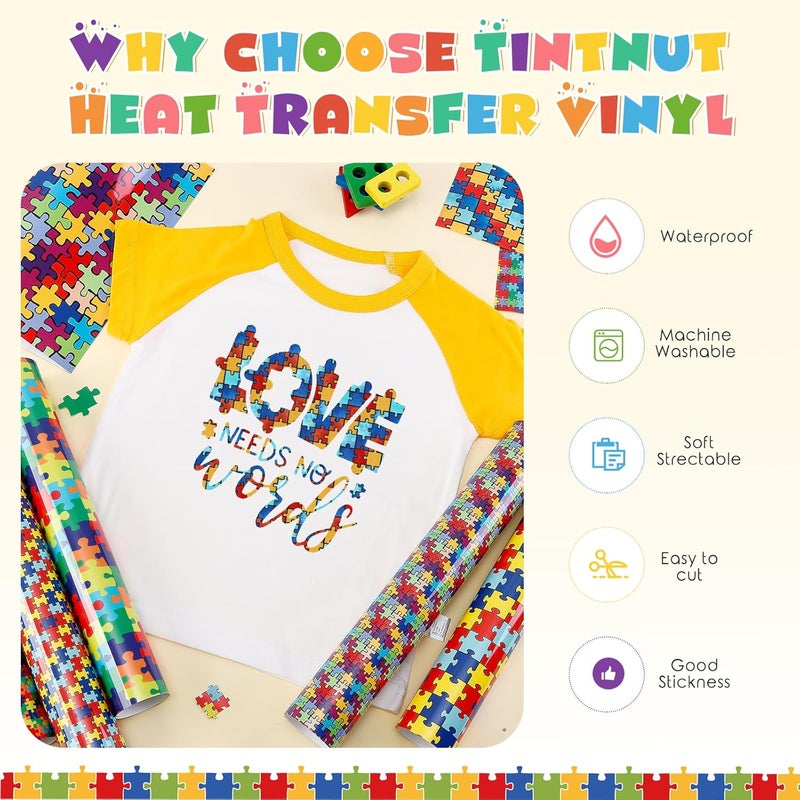 Tintnut Puzzle Pieces Heat Transfer Vinyl - 10 Sheets 10x12 Inch Autism Awareness Puzzles Craft Cutter HTV Vinyl Rainbow Color Pattern Printed Iron on Vinyl for Silhouette Cameo or Cricut - Image 3